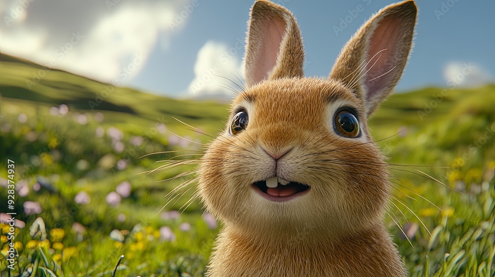 Fototapeta premium Cute Bunny Rabbit with Big Eyes Looking at Camera in Field