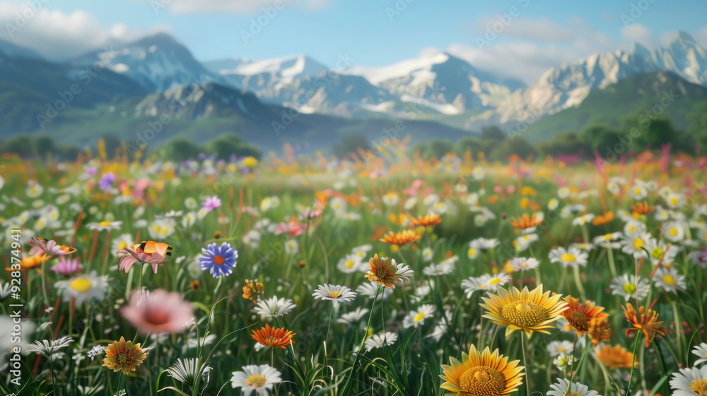 Obraz premium A field of various flowers surrounded by mountains as a backdrop.