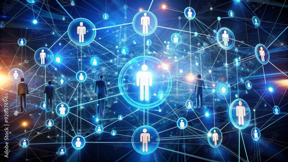 Interconnected icons of conversation, collaboration, and community are suspended in mid-air, surrounded by glowing lines and shapes, conveying modern digital networking and teamwork.