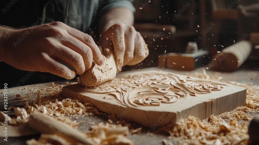 Close up of craftsman hands carving detailed patterns into a wooden surface, wood shavings scattered around, focused work in a rustic workshop environment. Close up of craftsman hands carving detailed patterns into a wooden surface, wood shavings scattered around, focused work in a rustic workshop environment.