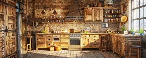 Rustic kitchen with wooden cabinets, 4K hyperrealistic photo