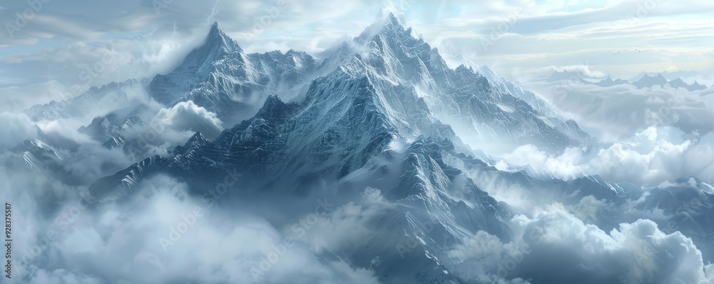 Fototapeta premium Rugged mountain peaks piercing through clouds, 4K hyperrealistic photo