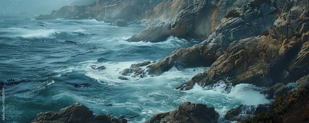 Fototapeta premium Rugged coastline with crashing waves and rocky cliffs, 4K hyperrealistic photo