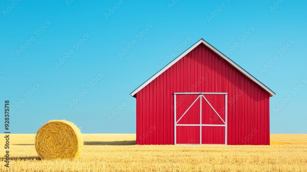 A vibrant red barn stands against a clear blue sky, surrounded by golden hay fields, embodying rural charm and agricultural beauty. A vibrant red barn stands against a clear blue sky, surrounded by golden hay fields, embodying rural charm and agricultural beauty.