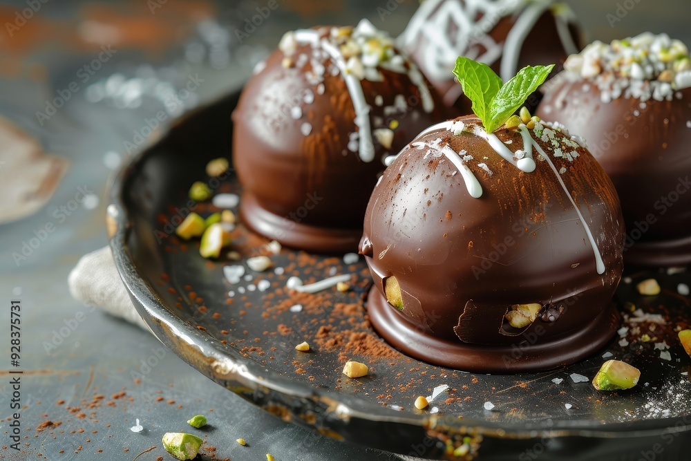 Fototapeta premium Dessert with pistachio and chocolate covered chestnut