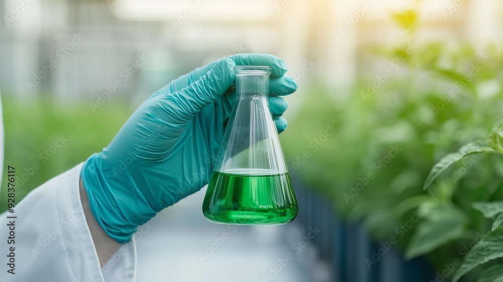 Scientist holds green liquid in a laboratory flask, surrounded by healthy plants. Innovative research in agriculture and biotechnology.