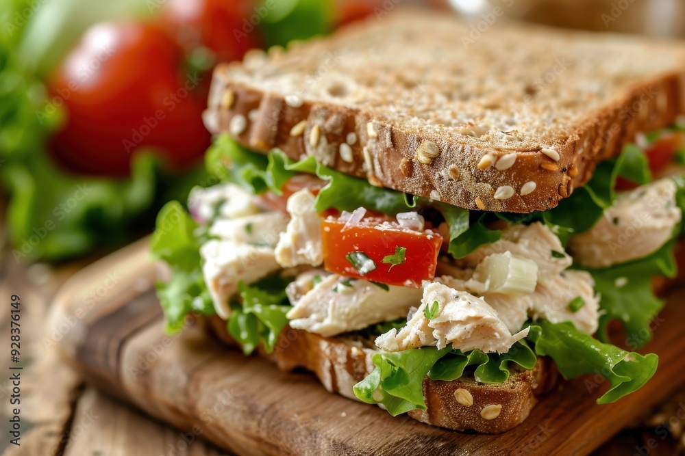 Detailed shot of chicken salad sandwich on whole grain bread with lettuce Detailed shot of chicken salad sandwich on whole grain bread with lettuce