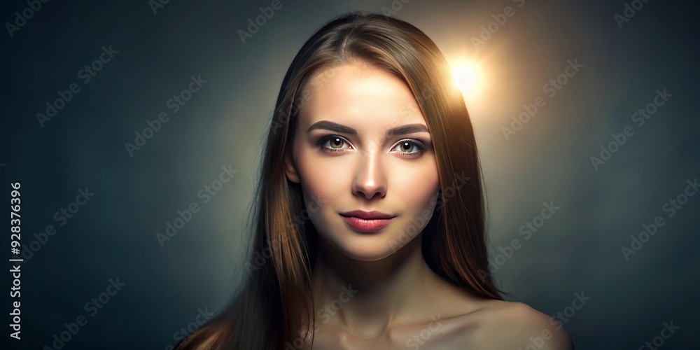 Softbox-lit minimalist beauty portrait of a serene woman with a subtle smile and a lone whitehead on her forehead shrouded in mystery