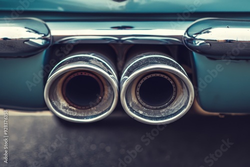 Detailed view of vehicle s double exhaust pipe