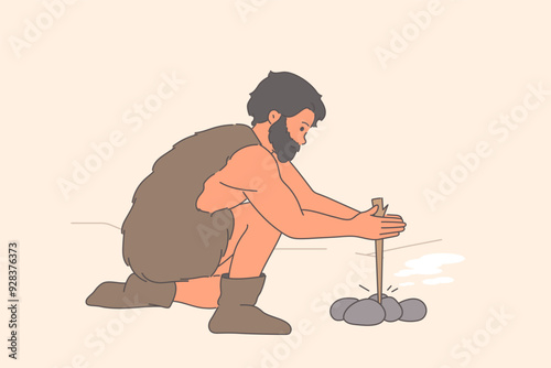 Primitive man makes fire using tree branch and stones in process of evolutionary development