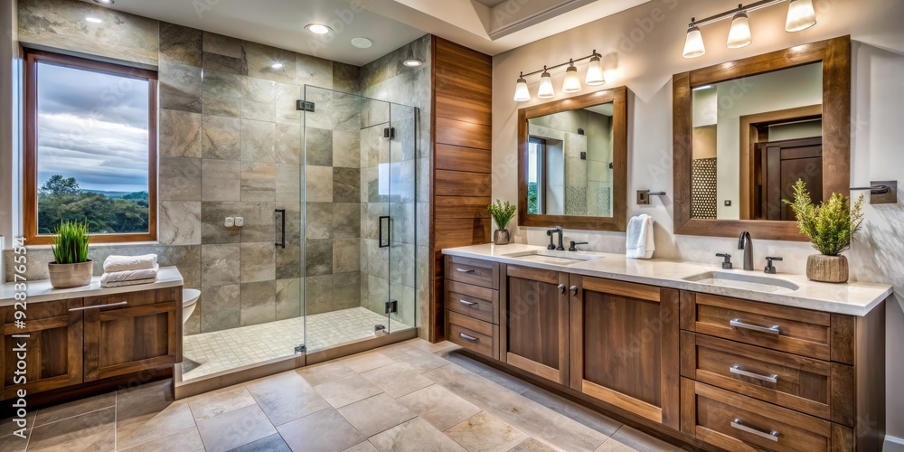 Luxurious bathroom features a rustic wood cabinet, sleek white marble countertop, and a spacious brown tiled walk-in shower with modern fixtures and natural light. Luxurious bathroom features a rustic wood cabinet, sleek white marble countertop, and a spacious brown tiled walk-in shower with modern fixtures and natural light.
