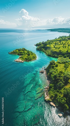 A beautiful blue ocean with a green island in the middle