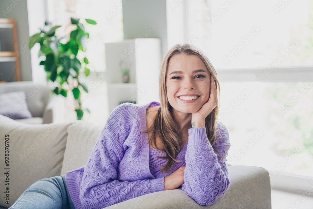 Photo of attractive young woman sit couch dreamy have rest dressed purple outfit cozy day light home interior living room Photo of attractive young woman sit couch dreamy have rest dressed purple outfit cozy day light home interior living room