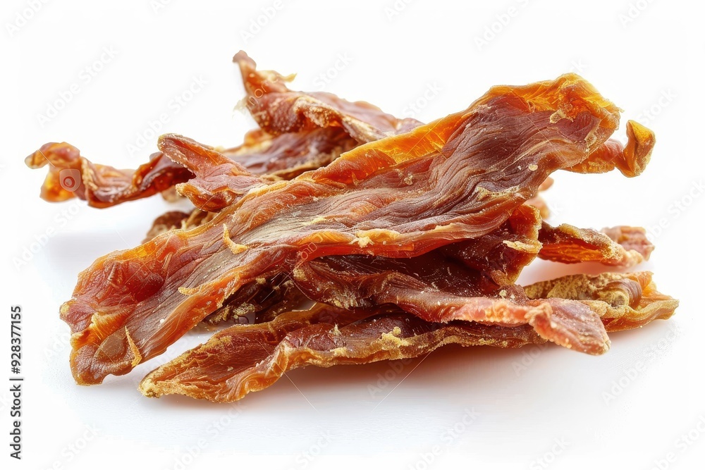 Dried chicken jerky on white background perfect with beer Dried chicken jerky on white background perfect with beer