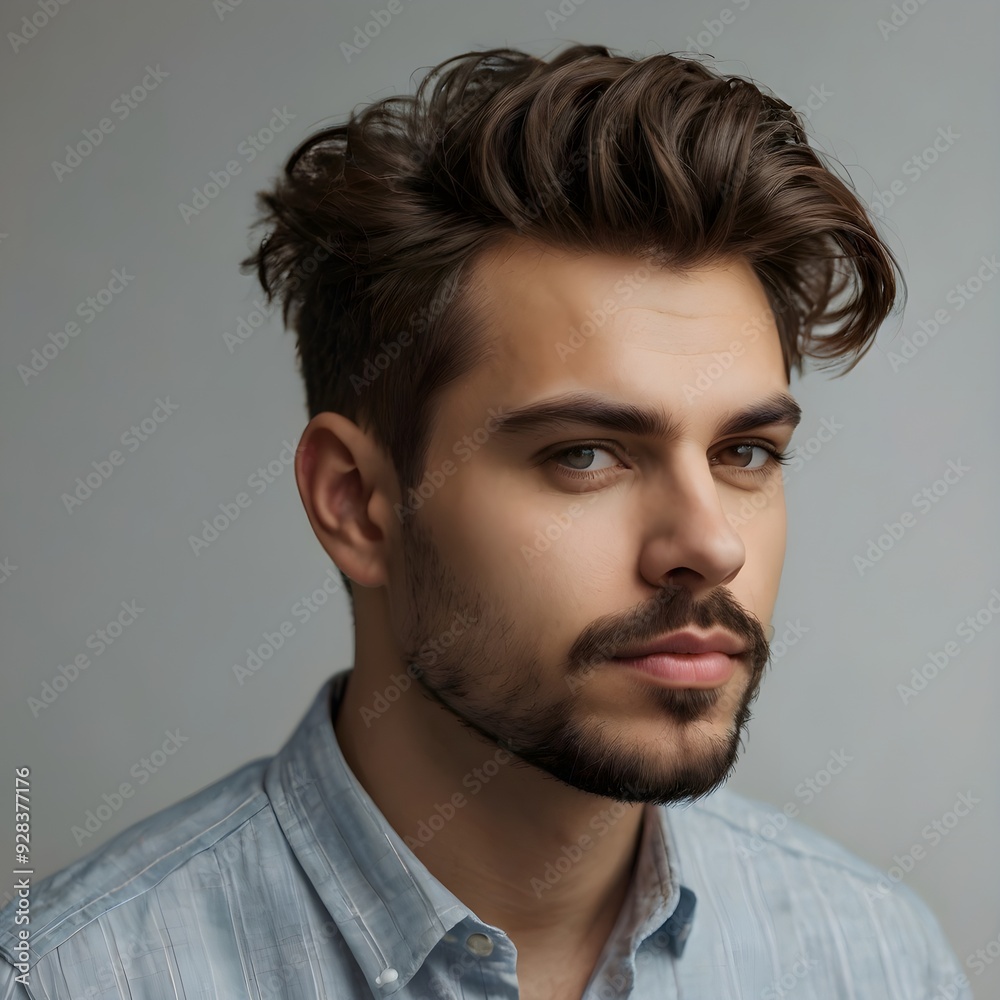 man with styled hair and a beard wearing a casual light blue shirt relaxed and confident expression, modern fashion style for a youthful and trendy vibe man with styled hair and a beard wearing a casual light blue shirt relaxed and confident expression, modern fashion style for a youthful and trendy vibe