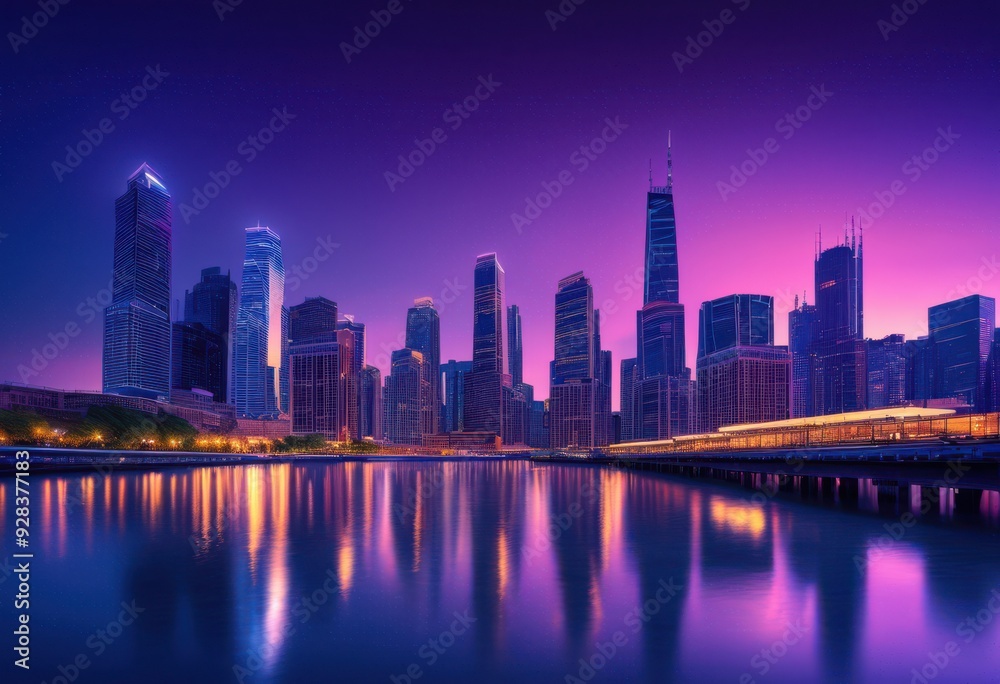 Naklejka premium stunning vibrant city skyline twilight showcasing glowing lights dusk sky, cityscape, architecture, buildings, urban, scenery, horizon, night, illumination