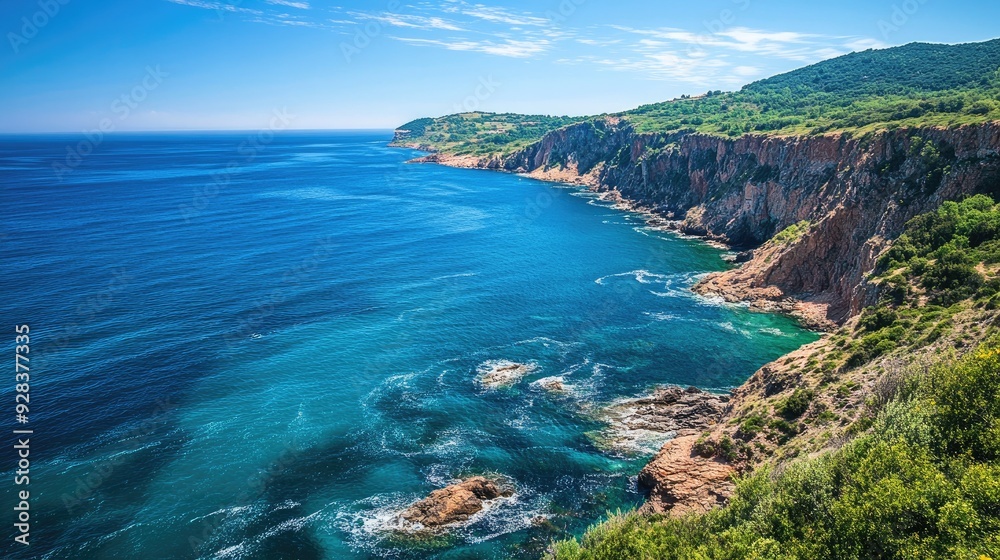 Obraz premium A stunning sea view from a high vantage point, overlooking blue waters and a coastline.