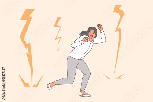 Business woman afraid lightning and runs around in panic, needing lessons on how to deal with fears