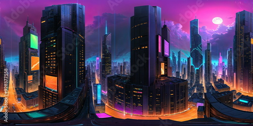 Full 360 degrees seamless spherical panorama HDRI equirectangular projection of A sprawling cyberpunk cityscape. Texture environment map for lighting and reflection source rendering 3d scenes.	
 photo