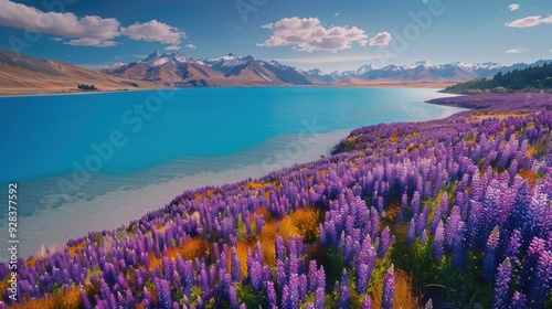 A beautiful field of purple flowers with a blue lake in the background