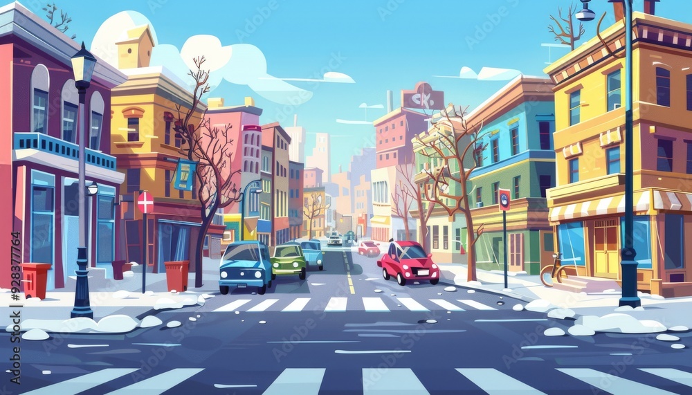 Vibrant city street scene. Sunny day in the city. Colorful city street view. Cartoon 2d cityscape illustration background.