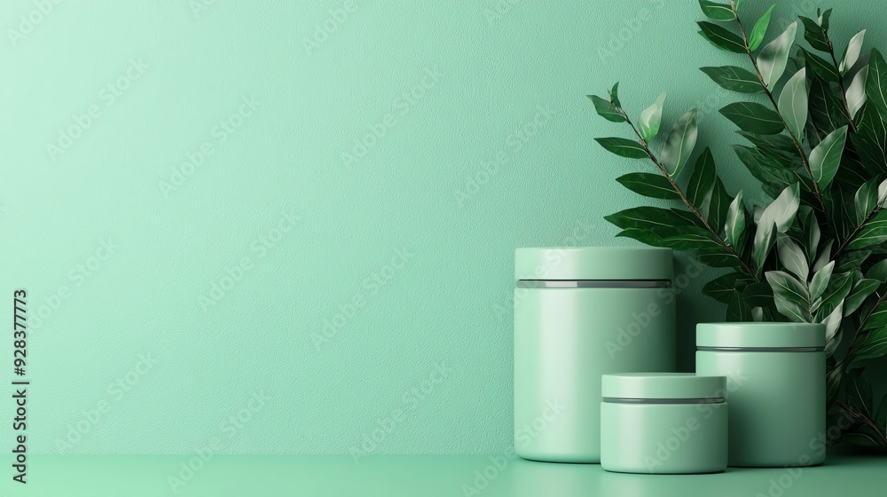 Mint green containers arranged with elegant leaves, creating a fresh and modern display perfect for beauty or wellness products. Mint green containers arranged with elegant leaves, creating a fresh and modern display perfect for beauty or wellness products.