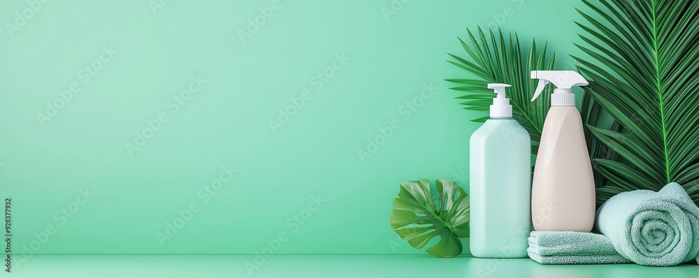 Refreshing cleaning products with green plants in a modern setting, perfect for promoting eco-friendly home care. Refreshing cleaning products with green plants in a modern setting, perfect for promoting eco-friendly home care.