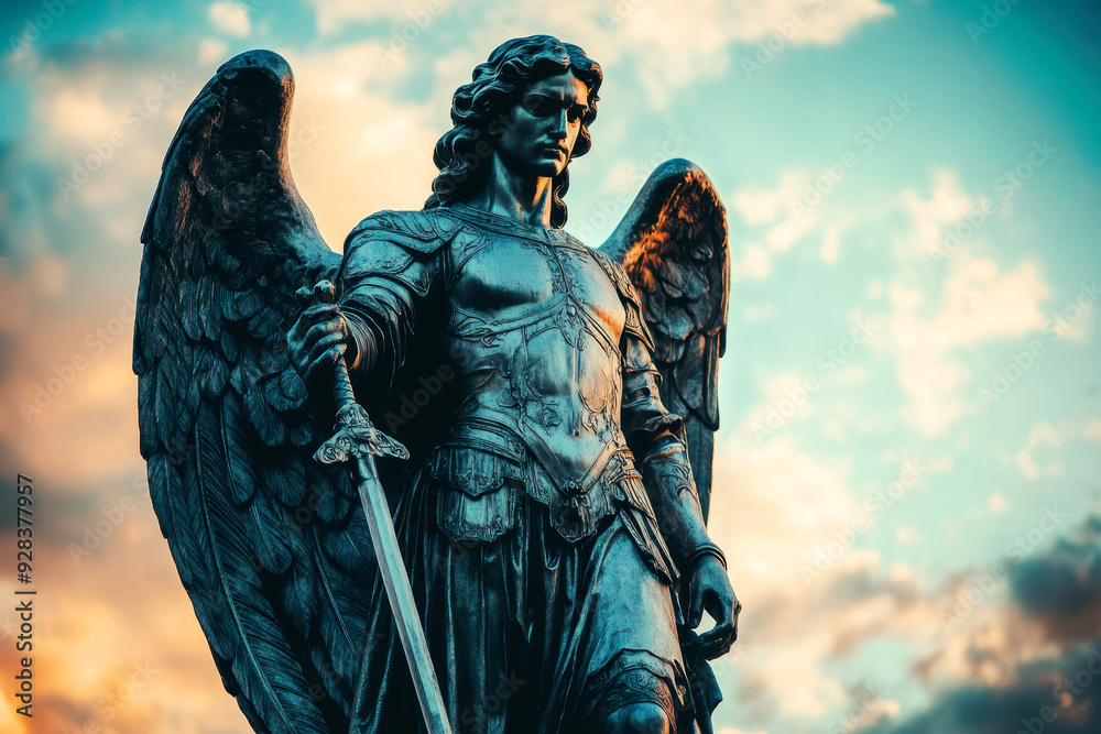 Fototapeta premium Graphic and biblical representation of the Archangel Michael. AI generativ.
