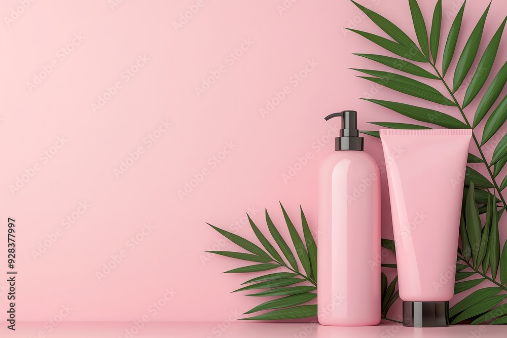 Stylish cosmetic containers with palm leaves on a soft pink background, perfect for skincare or beauty product promotions. Stylish cosmetic containers with palm leaves on a soft pink background, perfect for skincare or beauty product promotions.