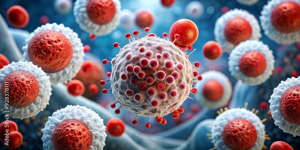 Microscopic image of abnormal blood cells, illustrating Acute Lymphoblastic Leukemia, a rare and aggressive cancer affecting immature white blood cells, commonly found in children. Microscopic image of abnormal blood cells, illustrating Acute Lymphoblastic Leukemia, a rare and aggressive cancer affecting immature white blood cells, commonly found in children.