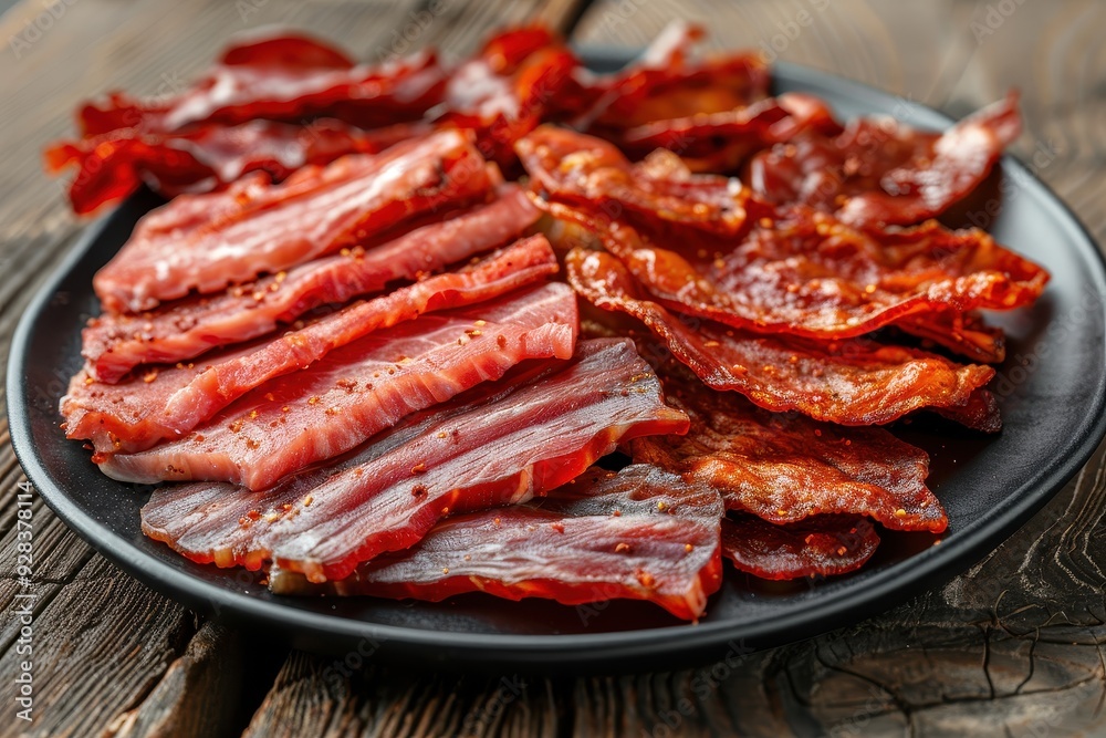 Dried meat slices on black plate beef pork beer snacks dog snack rustic background Dried meat slices on black plate beef pork beer snacks dog snack rustic background