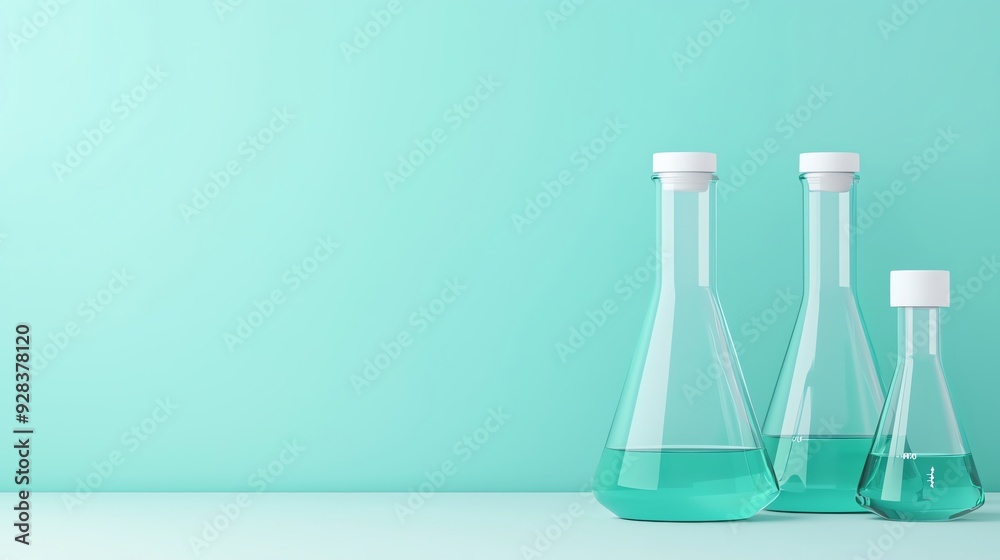 Three laboratory glass beakers filled with blue liquid, set against a soft mint green background for a clean and modern look. Three laboratory glass beakers filled with blue liquid, set against a soft mint green background for a clean and modern look.