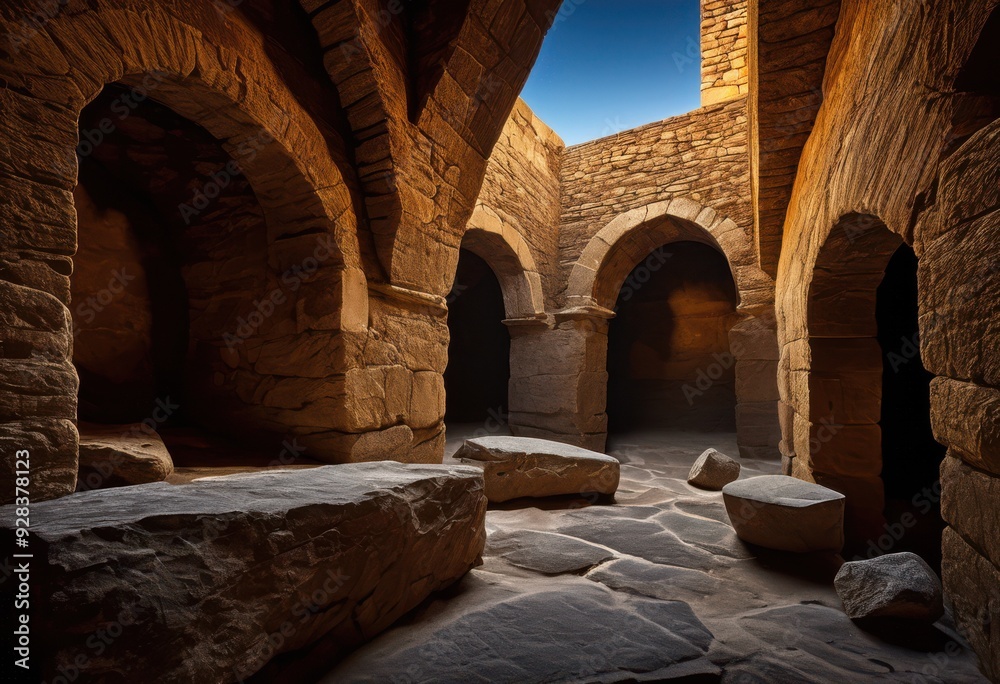 Fototapeta premium mysterious shadows shapes projected ancient stone structures highlighting intriguing textures patterns, architecture, building, ruin, wall, monument