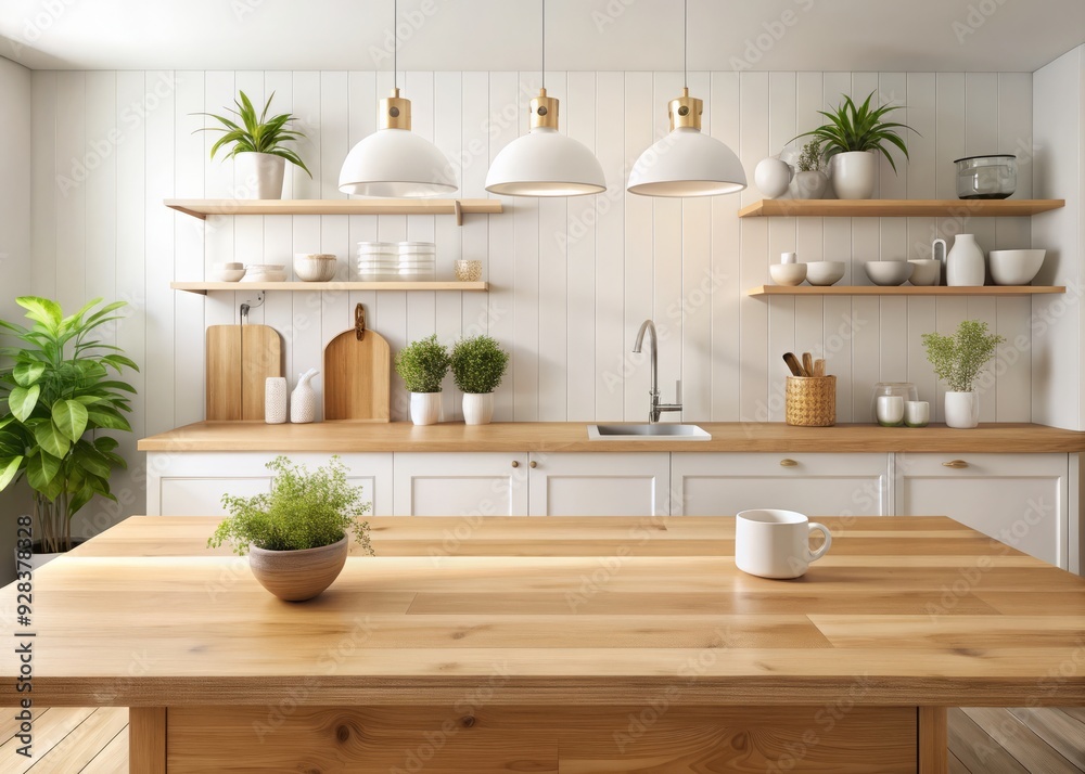 Minimalist wooden countertop on a bright and clean kitchen background, ideal for showcasing products, dishes, or decorations in a warm and inviting atmosphere. Minimalist wooden countertop on a bright and clean kitchen background, ideal for showcasing products, dishes, or decorations in a warm and inviting atmosphere.