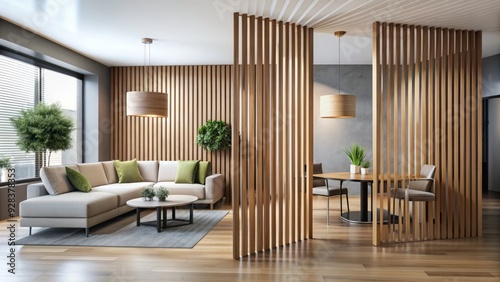  Minimalist wooden wall dividers with clean lines and neutral colors create a sense of calm and separate spaces in a modern interior setting. photo