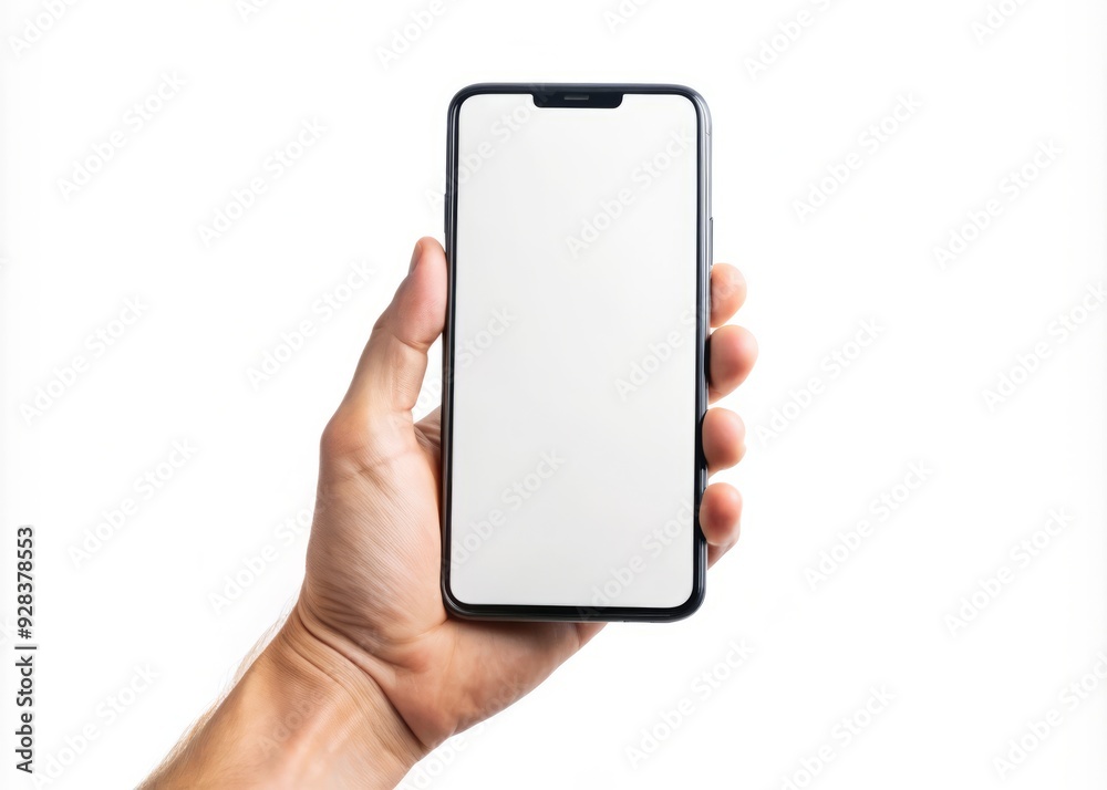 Modern black frameless smartphone with blank white screen, held by a hand, isolated on a white background, in a high-quality studio shot with clean lines. Modern black frameless smartphone with blank white screen, held by a hand, isolated on a white background, in a high-quality studio shot with clean lines.