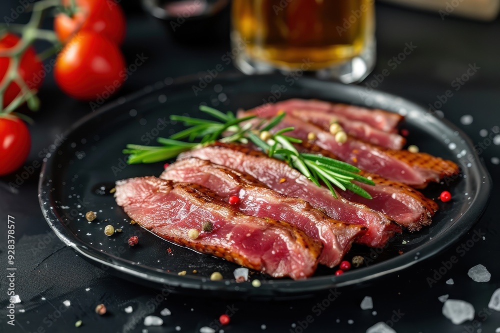 Duck breast slices with beer on black plate Appetizer meat snack Duck breast slices with beer on black plate Appetizer meat snack