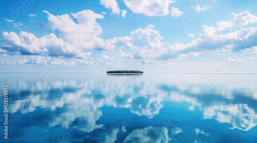 A tranquil sea view with blue waters reflecting the sky and a distant island. 4a photo