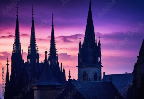 eerie silhouettes majestic gothic spires twilight sky, architecture, outlines, mystery, design, detail, form, structure, point, peak, tower, vertical