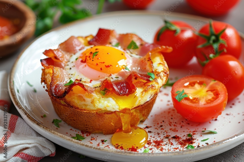 Egg bacon muffin with side of tomatoes on white plate Egg bacon muffin with side of tomatoes on white plate