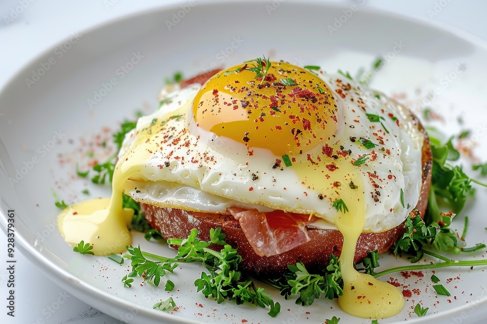 Egg benedict on white plate plain background Egg benedict on white plate plain background