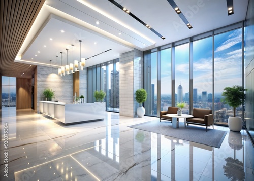 Modern luxury hotel or office building interior features a sleek white reception hall with a blurred corridor and floor-to-ceiling glass wall overlooking a cityscape. photo