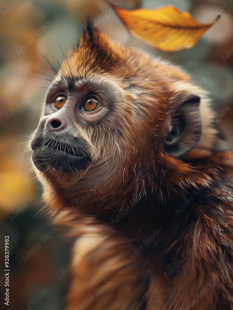 Capuchin Monkey, Cebus capucinus, close up with golden light in a forest landscape