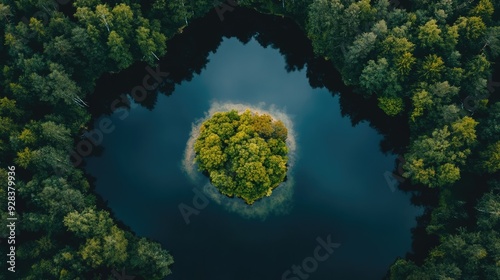 Drone shot of a serene lake with a small island in the center. photo