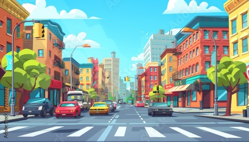 Vibrant city street scene. Sunny day in the city. Colorful city street view. Cartoon 2d cityscape illustration background.