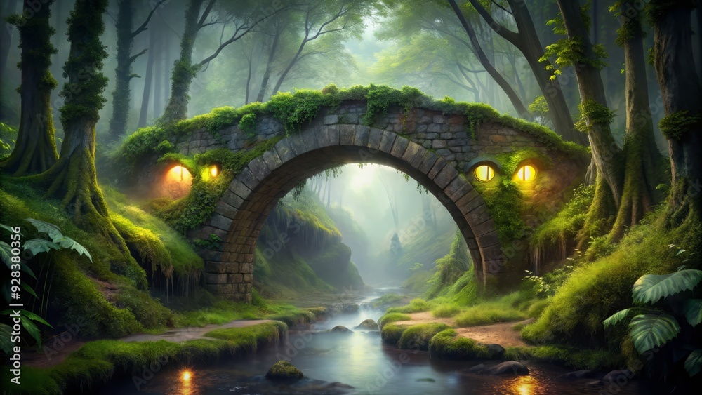 Mysterious glowing eyes peek out from beneath a moss-covered ancient stone bridge, evoking the legend of a lurking mythical creature in a misty forest atmosphere. Mysterious glowing eyes peek out from beneath a moss-covered ancient stone bridge, evoking the legend of a lurking mythical creature in a misty forest atmosphere.
