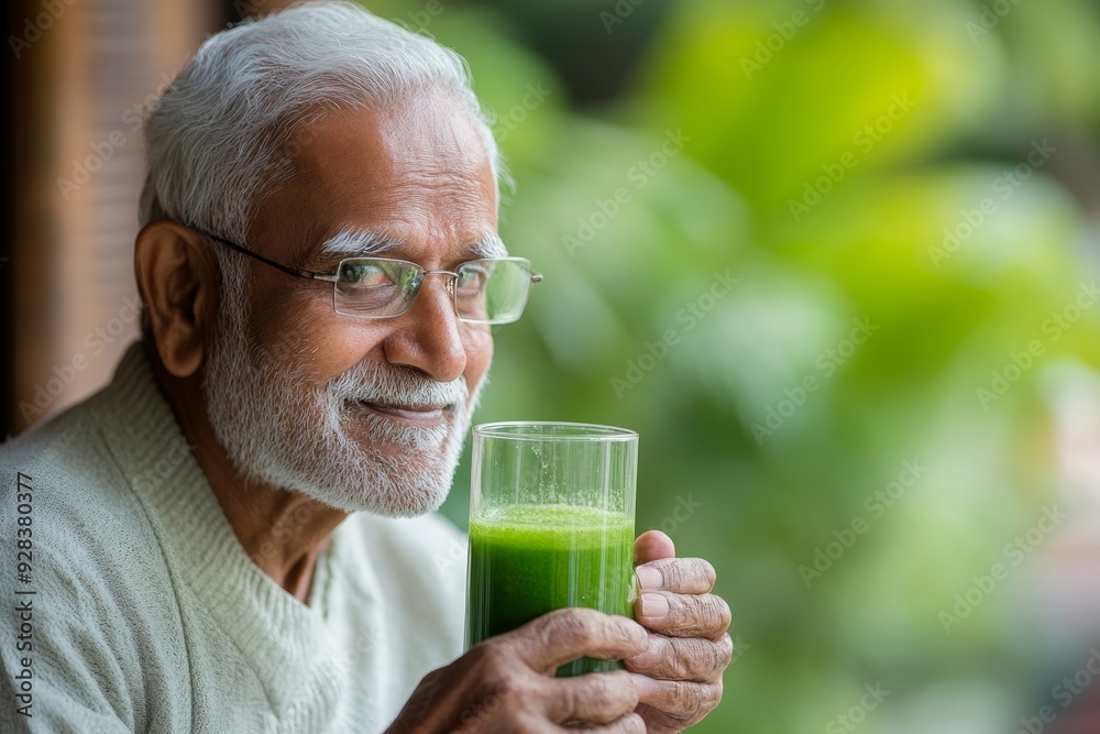 Elderly senior old Indian asian man eats green juice or drinking vegetable juice in a glass, Generative AI Elderly senior old Indian asian man eats green juice or drinking vegetable juice in a glass, Generative AI