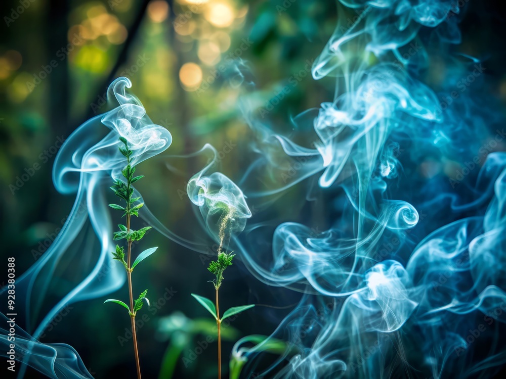 Obraz premium Mysterious wisps of sage smoke swirl and dance against a dark, blurred background, evoking a sense of mysticism and spiritual growth.