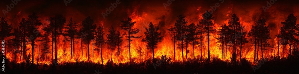 Large forest fire consumes dense trees in a remote area during nighttime Large forest fire consumes dense trees in a remote area during nighttime