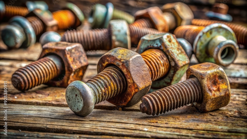 Old rusty screw heads with worn-out threads and faded paint, scattered on a dirty wooden surface, exuding a sense of age and abandonment. Old rusty screw heads with worn-out threads and faded paint, scattered on a dirty wooden surface, exuding a sense of age and abandonment.